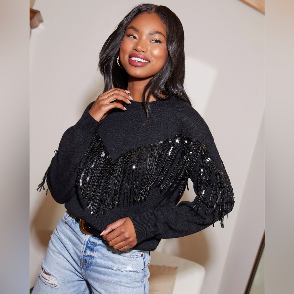 VICI Western Glam Knit Fringe Sequin Sweater Pullover in Black - S